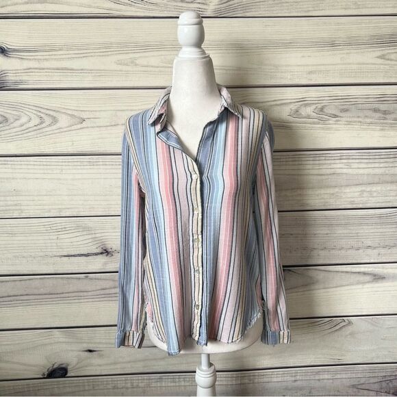 Cloth & Stone Multicolor Striped Raw Hem Button Down Shirt - Picture 1 of 8
